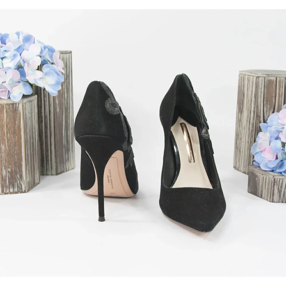 Sophia Webster Black Floral Applique Suede Heels - Picture 3 of 8